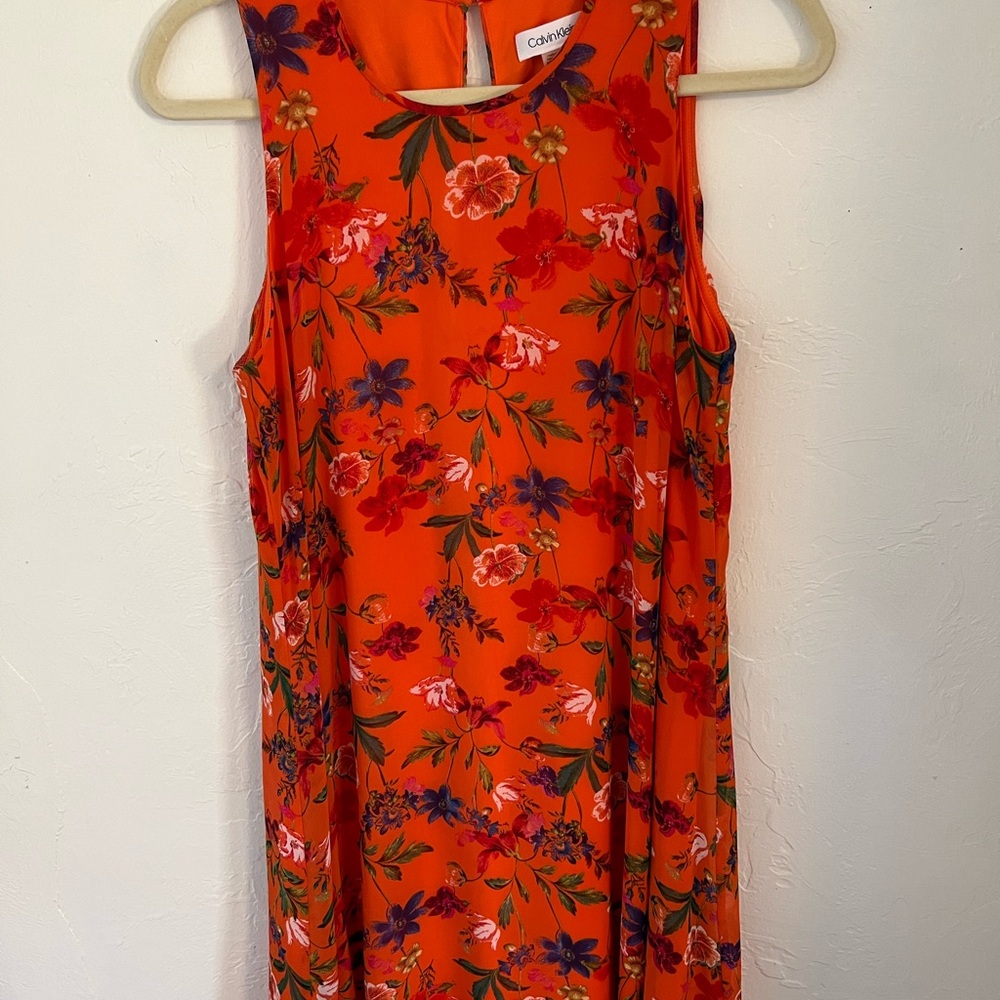 Calvin Klein Orange Floral Sheer Overlay Sleeveless Shift  Dress Sz 10